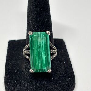 Sterling Silver 925 Green Malachite Rectangle Ring Marcasite Art Deco Style